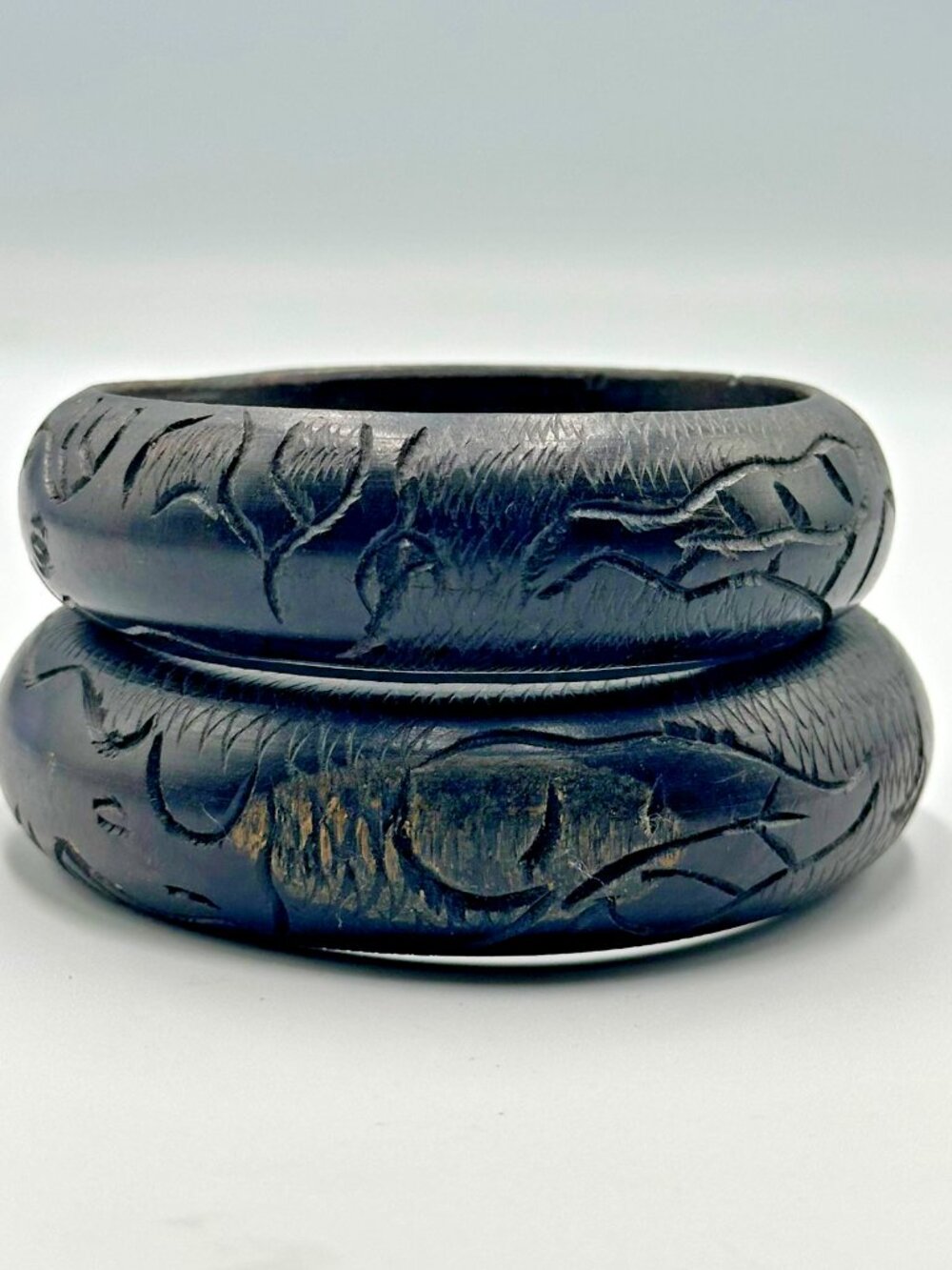 3/$30 Wood Bangle Bracelet Set of 2 Carved Rhino Safari Dark Brown Boho